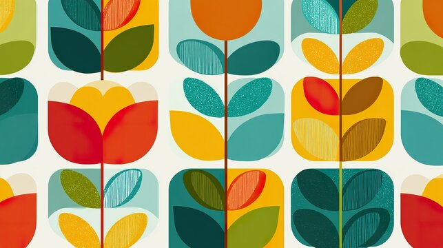 1960s Style Flat Vector Floral Geometric Pattern, Bold and Bright Palette, Modular Layout with Seamless Retro Design Aesthetics