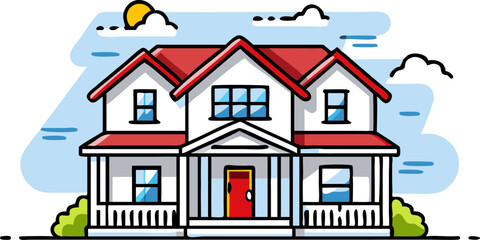 Fototapeta premium Two Story House Red Roof White Walls Blue Sky Illustration