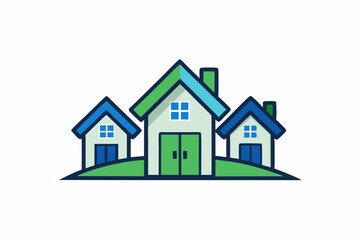 Three Stylized Houses Green Blue Minimalist Logo three houses