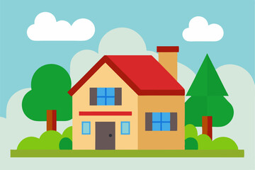Fototapeta premium Cartoon Two Story House Red Roof Blue Windows Green Trees