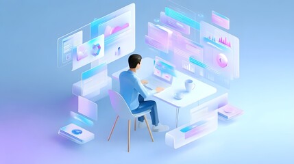 Minimalist and futuristic digital workspace with floating interface elements and data visualizations in a soft pastel toned environment