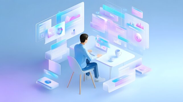 Minimalist and futuristic digital workspace with floating interface elements and data visualizations in a soft pastel toned environment