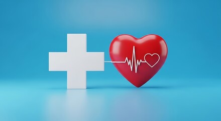 Obraz premium A blue background with a cross, symbolizing healthcare, features a heart with a heartbeat icon. It represents health insurance and medical services.