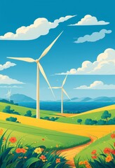 Obraz premium Illustration of a wind farm with wind turbines and paths