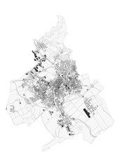 Fototapeta premium Nitra black and white map showcasing highways and buildings. Clean vector design, focused on road networks and city structures for monochrome visualization or print