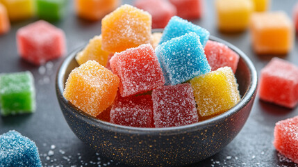 Bright, colorful candied fruits arranged in a bowl, showcasing glossy textures and vibrant hues. A sweet and festive treat perfect for desserts, celebrations, and flavorful snacking.

