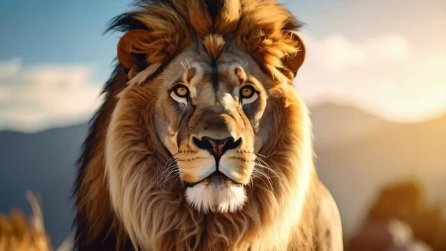 Majestic lion portrait with golden eyes gazing directly ahead against a serene mountain backdrop at sunrise, showcasing beauty and strength.