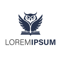 Owl logo perched on a book, isolated on white background