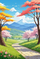 Cartoon illustration of a beautiful mountain landscape with paths