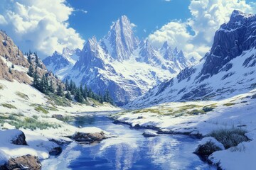 Obraz premium A snowy mountain valley scene with a crystal-clear stream.