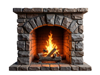 Cozy stone fireplace with burning wood fire, rustic design ideal for home interior visuals and winter-themed scenes. Generative AI