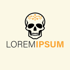 A black skull logo with orange geometric details is isolated on a white background