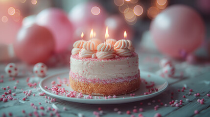 Soft pink birthday cake with whipped frosting and candles, surrounded by festive confetti and balloons. Ideal for celebration-themed content.



