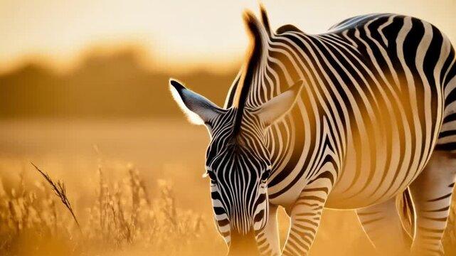 A zebra grazes in a golden field at sunset with its black and white stripes shining brightly video