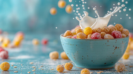 Milk splash bursts from colorful cereal balls in mid-air, creating vibrant morning energy. Cereal brand promotion or breakfast ad.