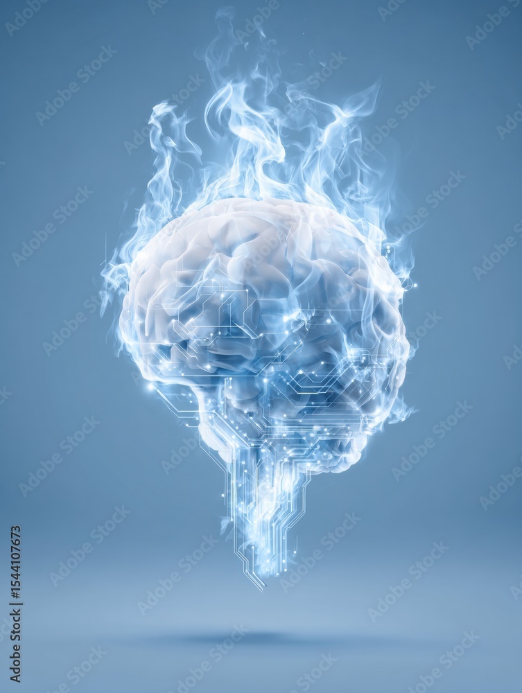 Aufkleber digital brain surrounded by flames in a cyber blue background showcasing the fusion of technology an