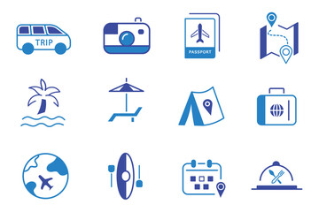 Travel solid flat icon set. Holiday, tourism, Summer vacation, airplane, trip, beach, passport, luggage, camping, hotel, icons. Editable vector illustration
