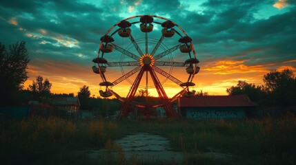 Abandoned Ferris wheel at sunset
