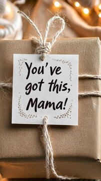 Rustic gift package with motivational tag in warm holiday glow