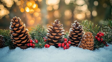 Winter pine cones and berries on snowy ground.