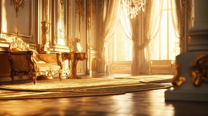 A sunlit opulent interior with gilded furniture.