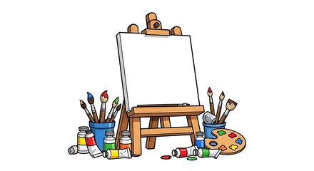 A wooden easel with a blank canvas and painting tools, perfect for young artists. There's room for you to add your own message!
