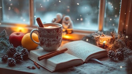 Cozy winter scene with a cup of hot drink and a book.