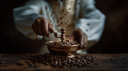 Barista grinding fresh coffee, vintage hand grinder, scattered beans, soft textures grinder, beans, vintage, tactile, coffee grounds, rustic, manual, close-up, wood, aroma.