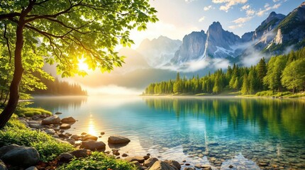 Serene mountain lake at sunrise. Lush greenery, tranquil water, and majestic peaks. Sunlight filters through trees, casting warm hues across the scene