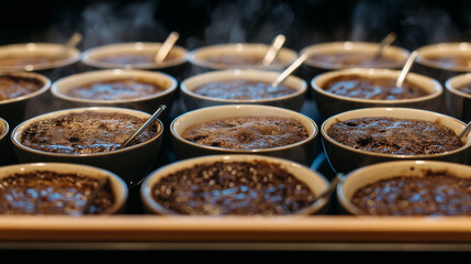 Fototapeta premium Coffee cupping session, multiple cups in a row, spoons and notes, steam rising cupping, tasting, coffee row, steam, cups, spoons, notes, professional, aroma, flat lay