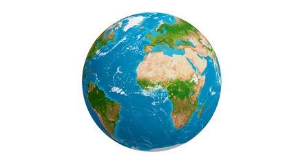 Fototapeta premium Cartoon of planet Earth rotating in movement, with bright continents and oceans, vivid and saturated colors, white background.