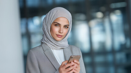 Arab mature female executive hijab suit smartphone modern bright office peaceful poised graceful.