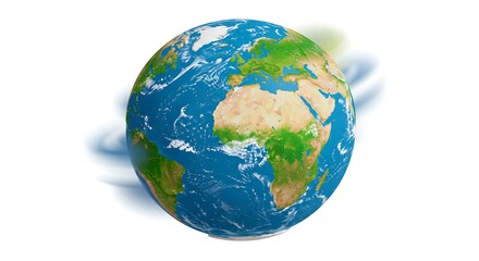 Cartoon of planet Earth rotating in movement, with bright continents and oceans, vivid and saturated colors, white background.

