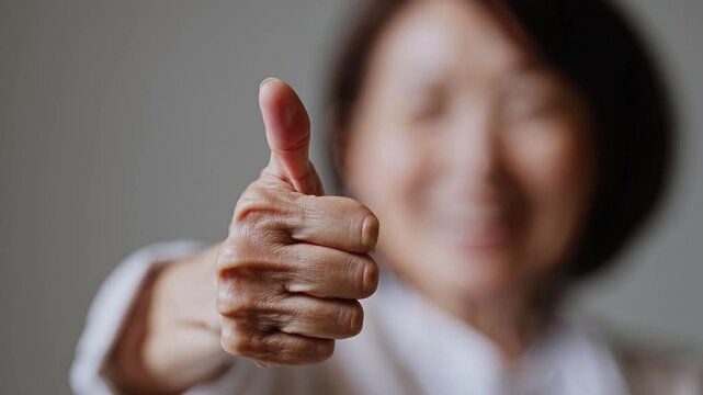 Cheerful Japanese Senior Woman Giving Thumbs Up from Below