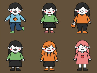 Playful characters illustration on brown background: Charming illustrations of six different characters, each unique in appearance. Perfect for various creative projects.