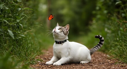 White and Gray Cat Watching Orange Butterfly in Forest Path—Peaceful Animal Moment in Natural Light for Pet Lifestyle, Wildlife Curiosity, and Outdoor Photography Concepts