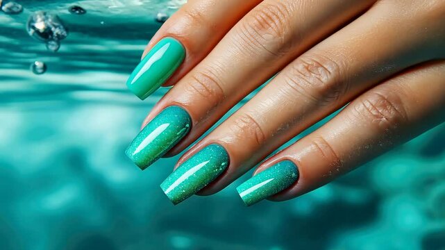 Elegant manicure underwater: vibrant nails submerged in aquatic beauty