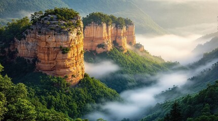 Majestic sandstone peaks pierce a valley shrouded in morning mist. Lush green forests cling to the mountain slopes