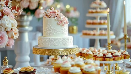 Elegant wedding dessert display showcasing cake and cupcakes with floral decoration