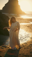 A girl in a sari dances against the backdrop of the ocean at sunset. Meditation.  Yoga. Soft focus