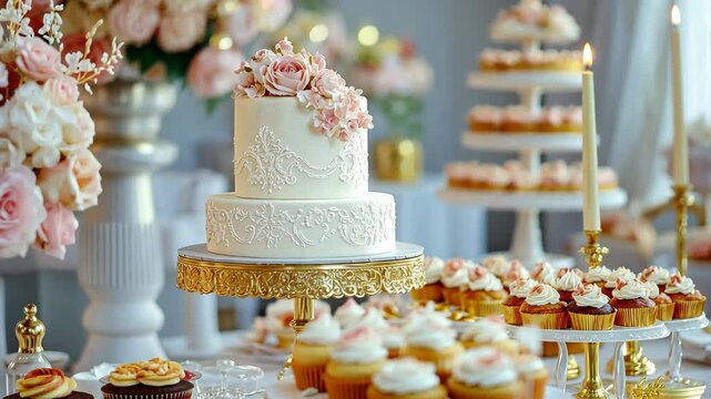 Elegant wedding dessert display showcasing cake and cupcakes with floral decoration