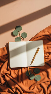 Open Journal and Gold Pen Flat Lay with Eucalyptus &ndash; Vintage Romantic Boho Vibe