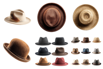 Assortment of hats in various styles and colors on white background  