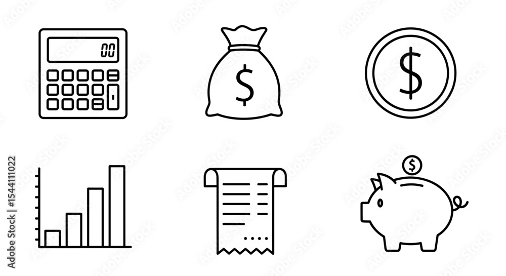 Poster vector line drawings depicting financial elements including calculator coin and piggy bank displayed