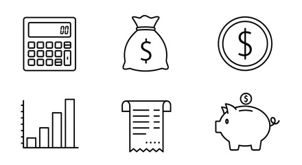 Vector  line drawings depicting financial elements including calculator coin and piggy bank displayed neatly on transparent background