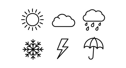 Vector  weather icons showing sun cloud rain snowflake lightning and umbrella in a graphic representation style on transparent background