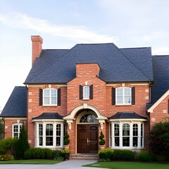 Concept of buying or building new home. Male hand showing, offering a new dream house at the empty field with copy space