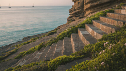 Steps leading down to a serene ocean view with boats anchored during sunset near a rocky cliff