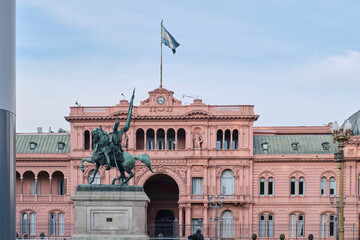 Casa Rosada, Pink House, seat of the national executive power, and in front of it an equestrian...