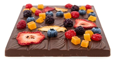 World Chocolate Day – Delicious Chocolate Bar Decorated with a Colorful Mix of Dried Fruits Celebrating Gourmet Flavors and Artistic Confectionery